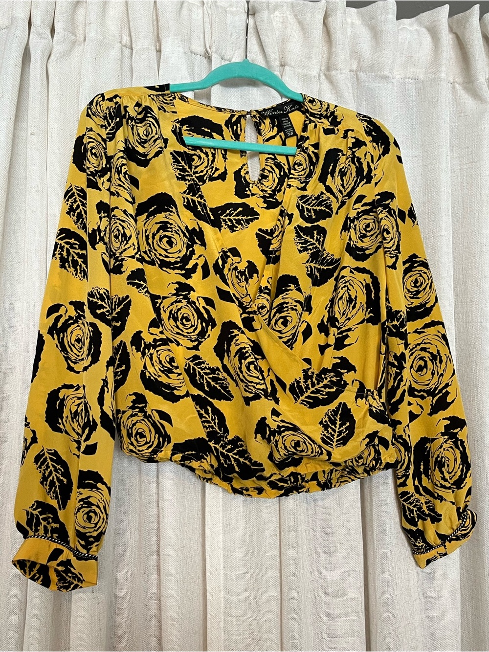 Winter Kate 100% Silk Gold Black Rose Crossover Blouse XS NWT